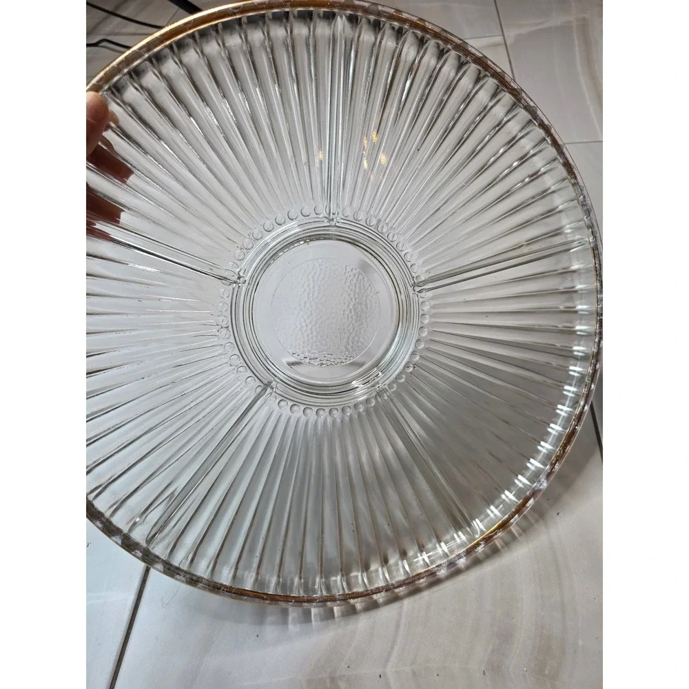 Vintage Divided Glass Relish Tray Gold Rim Ribbed 4 Section Round Server 14in E1